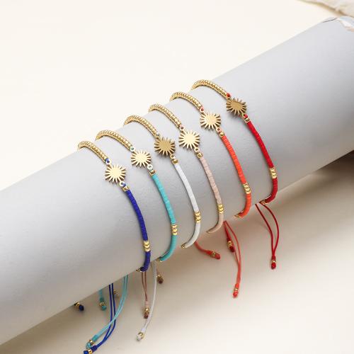 Glass Beads Bracelet, Seedbead, with Knot Cord & 304 Stainless Steel, Vacuum Ion Plating, Adjustable & for woman, more colors for choice, Length:14-28 cm, Sold By PC