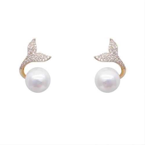 Lo zinco in lega Stud Earring, lega in zinco, with perla in plastica, gioielli di moda & Micro spianare cubic zirconia & per la donna, dorato, 17x11mm, Venduto da coppia