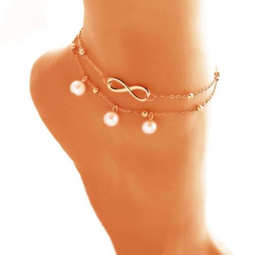 Tibetan Style Anklet, with Plastic Pearl, Double Layer & fashion jewelry & for woman, golden, Length:Approx 21 cm, Sold By PC