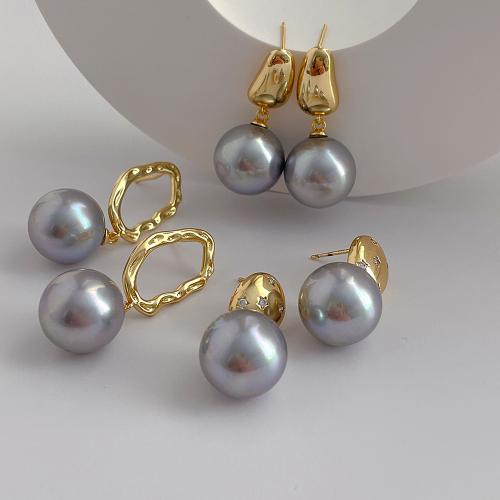 Brass Stud Earring, with Shell Pearl, fashion jewelry & different styles for choice & for woman, more colors for choice, 30mm, Sold By Pair