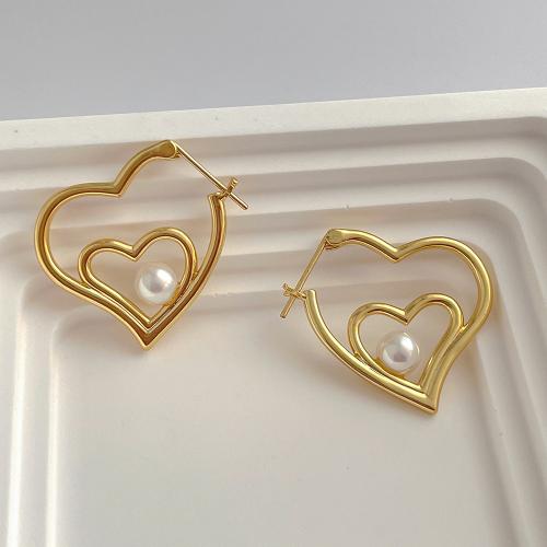 Brass Leverback Earring, with Plastic Pearl, Heart, fashion jewelry & for woman & hollow, golden, 32mm, Sold By Pair