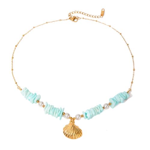 Collier de bijoux en acier inoxydable, Acier inoxydable 304, avec coquille & perle de plastique, Placage de couleur d'or, bijoux de mode, doré, Vendu par PC