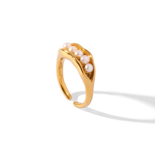 Stainless Steel Finger Ring, 304 Stainless Steel, with Plastic Pearl, gold color plated, fashion jewelry, golden, Sold By PC