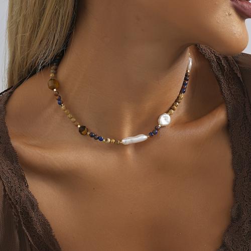 Plastic Pearl Necklace Natural Stone with Plastic Pearl with 7cm extender chain fashion jewelry mixed colors nickel lead & cadmium free Length 38 cm Sold By PC