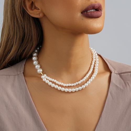 Plastic Pearl Necklace, with Iron, gold color plated, fashion jewelry, white, Sold By PC