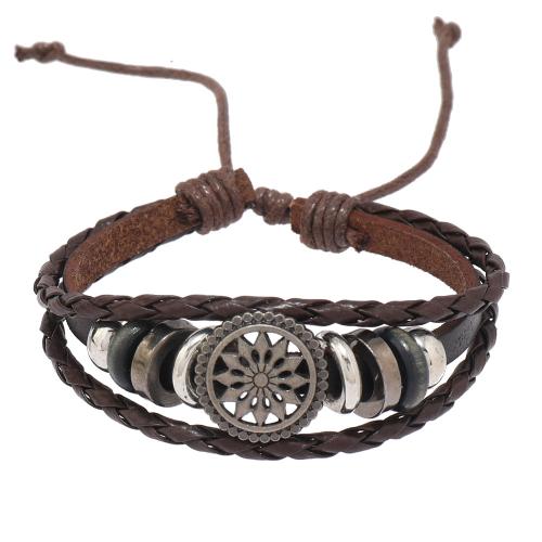 Cowhide Bracelet Split Layer Cowhide Leather with PU Leather & Wax Cord & Copper Coated Plastic & Zinc Alloy with 8-9cm extender chain handmade three layers & fashion jewelry & for man dark brown Length Approx 17-18 cm Sold By PC