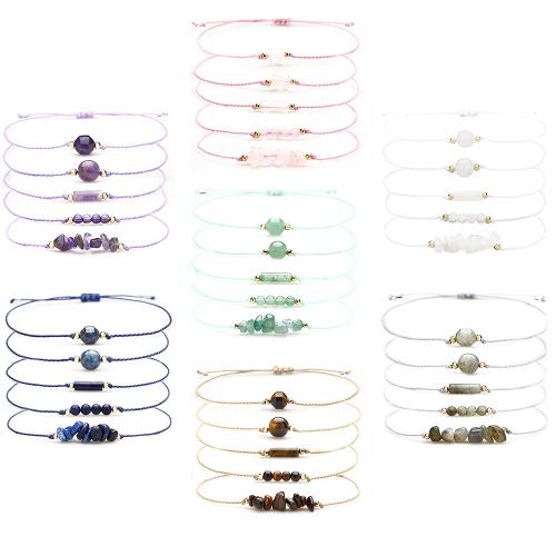 Gemstone Bracelets, with Knot Cord, handmade, 5 pieces & different materials for choice & for woman, Sold By Set