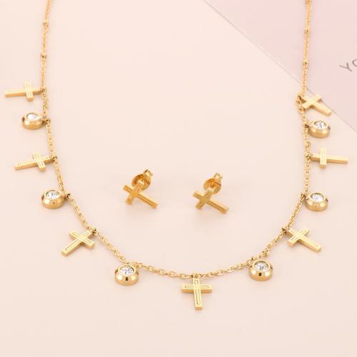 Conjuntos de joyería de acero inoxidable, Pendiente de stud & collar, acero inoxidable 304, diferentes estilos para la opción & para mujer & con diamantes de imitación, dorado, Vendido por Set