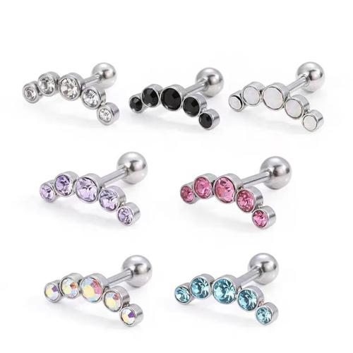 Stainless Steel Ear Piercing Jewelry, 304 Stainless Steel, with Czech Rhinestone, Unisex, more colors for choice, Sold By PC