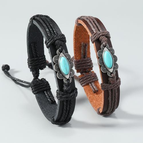 PU Leather Cord Bracelets, Tibetan Style, with turquoise & Linen & PU Leather, plated, Unisex, more colors for choice, nickel, lead & cadmium free, Sold By PC