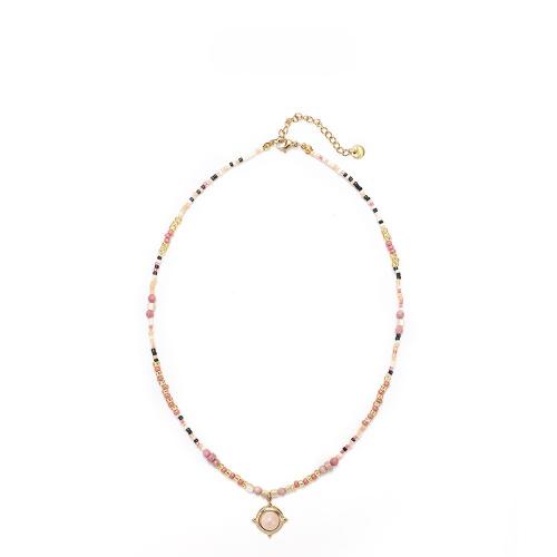 Semilla de cristal collar de perlas, Seedbead, con ágata rosa & metal, chapado en color dorado, para mujer, color mixto, libre de níquel, plomo & cadmio, longitud:60 cm, Vendido por UD