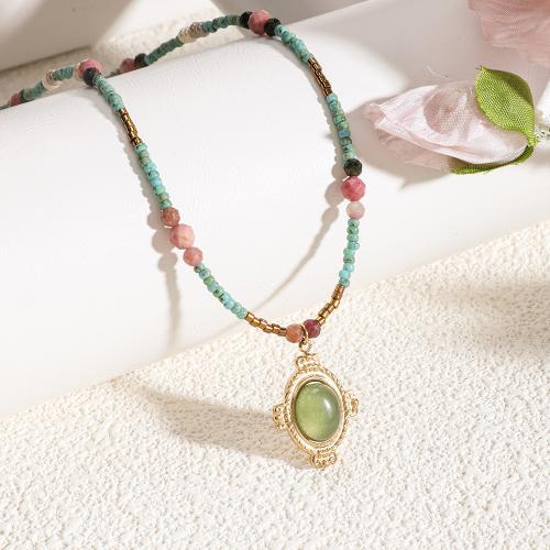 Glass Seed Beads Necklace, Seedbead, with Green Aventurine & Brass, gold color plated, for woman, mixed colors, nickel, lead & cadmium free, Length:60 cm, Sold By PC