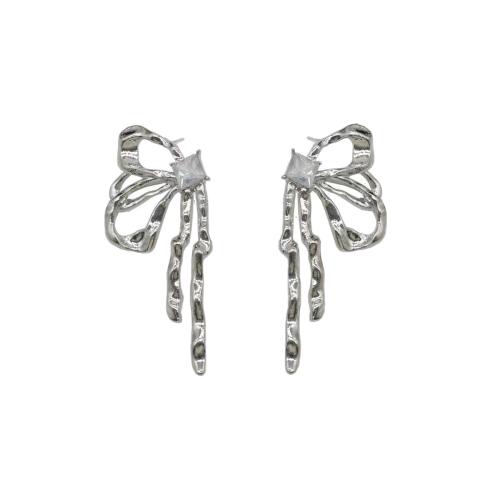 Tibetan Style Stud Earring, Bowknot, fashion jewelry & micro pave cubic zirconia & for woman, silver color, 60x25mm, Sold By Pair