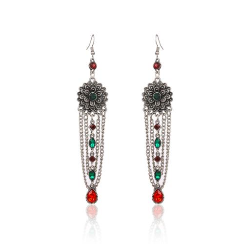 Tibetan Style Drop Earrings, fashion jewelry & for woman & with rhinestone, more colors for choice, 130x25mm, Sold By Pair