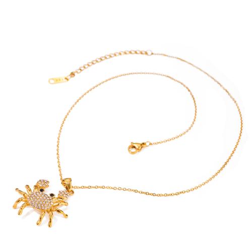 Stainless Steel Jewelry Necklace, 304 Stainless Steel, with 5cm extender chain, Crab, Vacuum Ion Plating, fashion jewelry & for woman & with rhinestone, golden, 28.70mm, Length:Approx 40 cm, Sold By PC