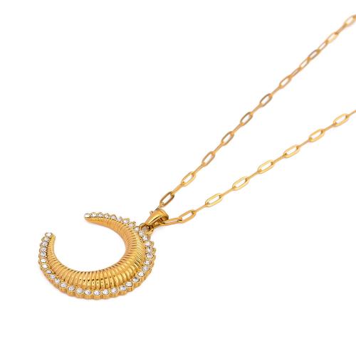 Stainless Steel Jewelry Necklace, 304 Stainless Steel, with 5cm extender chain, Moon, Vacuum Ion Plating, fashion jewelry & micro pave cubic zirconia & for woman, golden, 36.30mm, Length:Approx 50 cm, Sold By PC