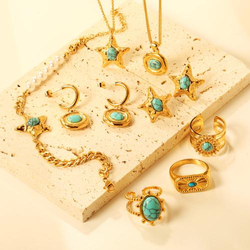 Fashion Stainless Steel Jewelry Sets, 304 Stainless Steel, with turquoise, fashion jewelry & different styles for choice & for woman, golden, Sold By PC