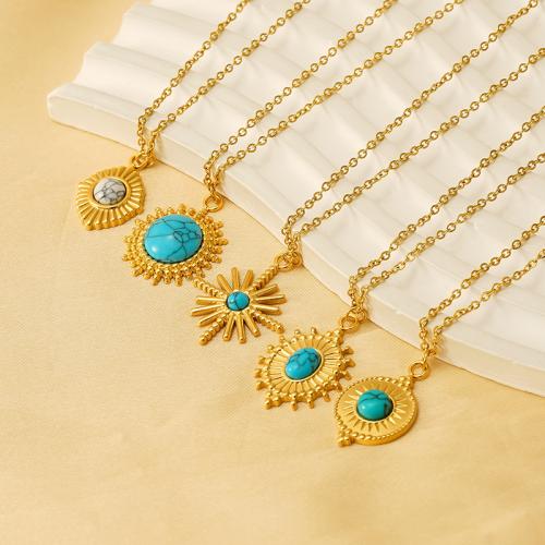 Collier de bijoux en acier inoxydable, Acier inoxydable 304, avec turquoise, Plaqué or 18K, bijoux de mode & styles différents pour le choix & pour femme, doré, Longueur:Environ 45 cm, Vendu par PC