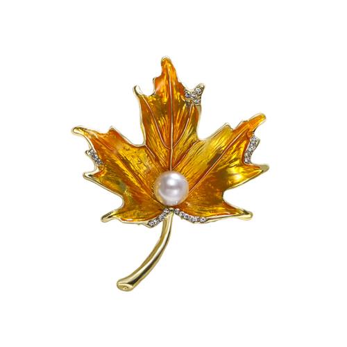 Tibetan Style Brooches, with Plastic Pearl, Leaf, for woman & enamel & with rhinestone, golden, 51x45mm, Sold By PC