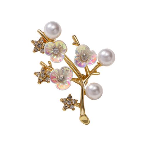 Broches en alliage de zinc, avec perle de plastique, Fleur de prunier, bijoux de mode & pour femme & avec strass, 46x36mm, Vendu par PC