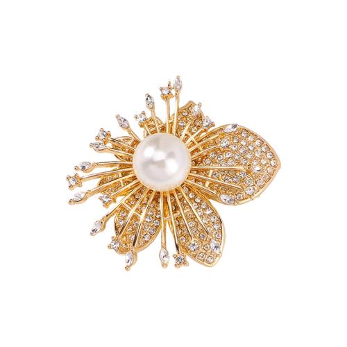 Tibetan Style Brooches, with Plastic Pearl, fashion jewelry & for woman & with rhinestone, golden, 52x57mm, Sold By PC