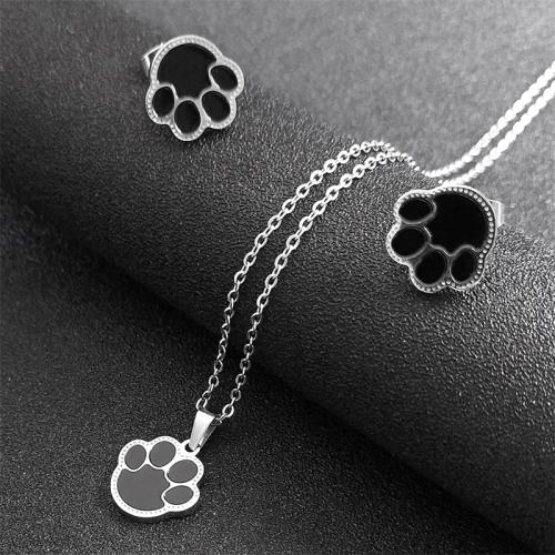 Enamel Stainless Steel Jewelry Set, Stud Earring & necklace, 304 Stainless Steel, 2 pieces & different styles for choice & for woman, silver color, Length:Approx 50 cm, Sold By Set