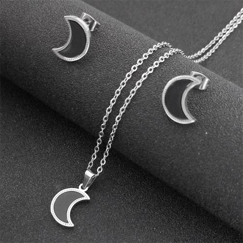 Enamel Stainless Steel Jewelry Set, Stud Earring & necklace, 304 Stainless Steel, Moon, 2 pieces & for woman, silver color, Length:Approx 50 cm, Sold By Set