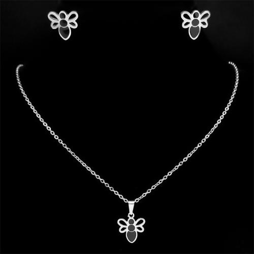 Enamel Stainless Steel Jewelry Set, Stud Earring & necklace, 304 Stainless Steel, Bee, 2 pieces & for woman, silver color, Length:Approx 50 cm, Sold By Set