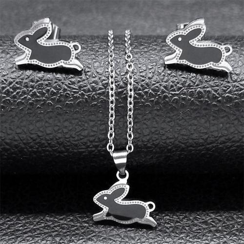 Enamel Stainless Steel Jewelry Set, Stud Earring & necklace, 304 Stainless Steel, Rabbit, 2 pieces & for woman, silver color, Length:Approx 50 cm, Sold By Set