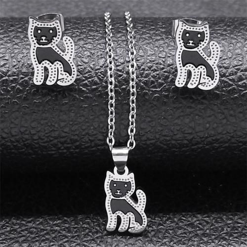 Enamel Stainless Steel Jewelry Set, Stud Earring & necklace, 304 Stainless Steel, Cat, 2 pieces & for woman, silver color, Length:Approx 50 cm, Sold By Set