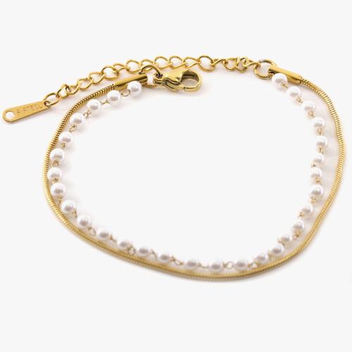 Stainless Steel Jewelry Bracelet, 304 Stainless Steel, with Plastic Pearl, Double Layer & fashion jewelry & for woman, golden, Length:Approx 17 cm, Sold By PC