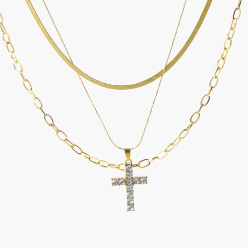 Stainless Steel Jewelry Necklace, 304 Stainless Steel, Cross, 3-layer & for woman & with rhinestone, golden, Sold By PC