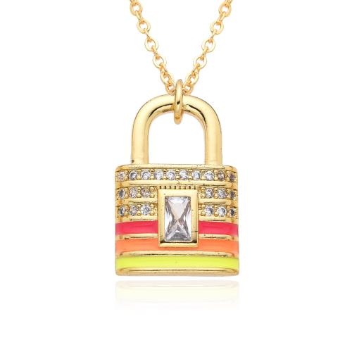 Cubic Zircon Micro Pave Brass Necklace Lock gold color plated micro pave cubic zirconia & for woman & enamel nickel lead & cadmium free Sold By PC