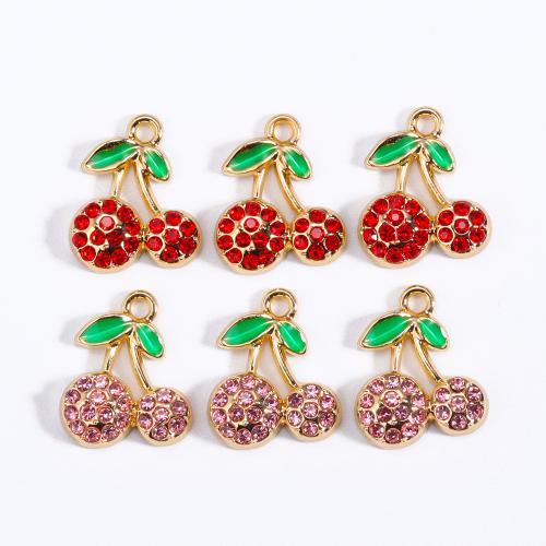 Tibetan Style Rhinestone Pendants, Cherry, gold color plated, DIY & with rhinestone, mixed colors, nickel, lead & cadmium free, 14x17mm, Sold By PC