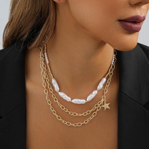 Tibetan Style Jewelry Necklace, with Plastic Pearl, gold color plated, fashion jewelry & multilayer, golden, nickel, lead & cadmium free, Sold By PC