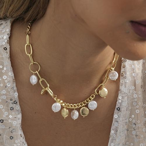 Zinc Alloy Jewelry Necklace with Plastic Pearl with 7cm extender chain gold color plated fashion jewelry golden nickel lead & cadmium free Length 36 cm Sold By PC