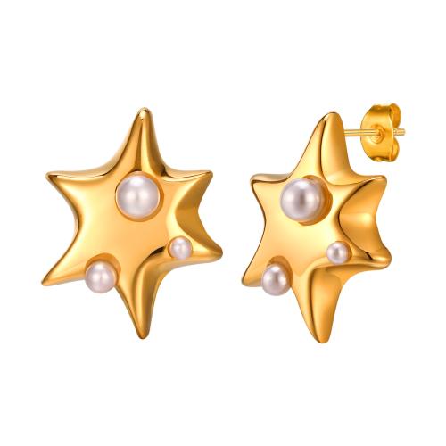 Stainless Steel Stud Earrings 304 Stainless Steel with Plastic Pearl Hexagram gold color plated fashion jewelry & for woman Sold By Pair