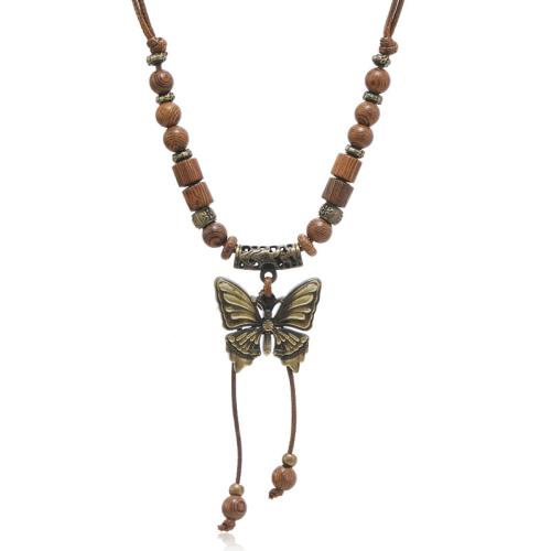 Sweater Chain Necklace, Wax Cord, with Wood & Tibetan Style, handmade, for woman, coffee color, Length:17.7-31.4 Inch, Sold By PC