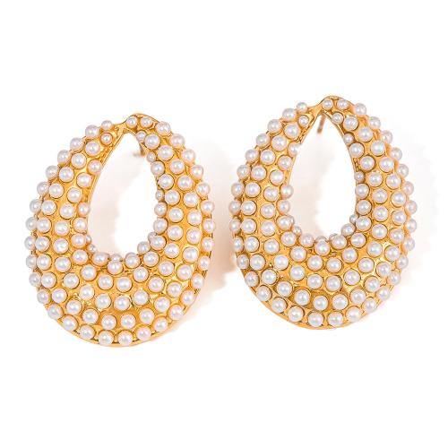 Stainless Steel Stud Earrings, 304 Stainless Steel, with Plastic Pearl, gold color plated, fashion jewelry & for woman & hollow, Sold By Pair