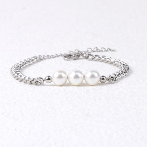 Stainless Steel Jewelry Bracelet, 304 Stainless Steel, with Plastic Pearl, with 5cm extender chain, fashion jewelry & for man, original color, Length:18 cm, Sold By PC