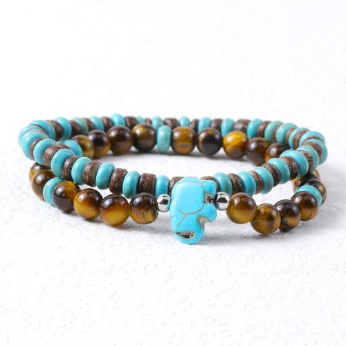 Gemstone Bracelets, 304 Stainless Steel, with turquoise & Coco & Tiger Eye, polished, 2 pieces & fashion jewelry & for man, multi-colored, Length:Approx 19 cm, Sold By Set