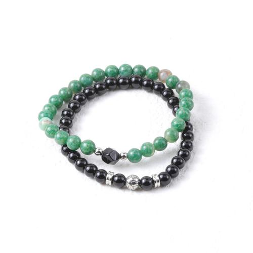 Gemstone Bracelets, 304 Stainless Steel, with Jade & Elastic Thread & Agate, polished, 2 pieces & fashion jewelry & for man, mixed colors, Length:Approx 19 cm, Sold By PC