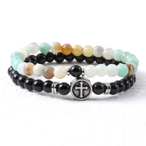 Pulseras de piedras preciosas, con Hilo elástico & acero inoxidable 304, pulido, 2 piezas & Joyería & para hombre, multicolor, longitud:aproximado 19 cm, Vendido por Set