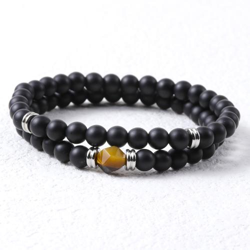 Gemstone Bracelets, with Elastic Thread & Tiger Eye & 304 Stainless Steel, polished, 2 pieces & fashion jewelry & for man, black, Length:Approx 19 cm, Sold By Set