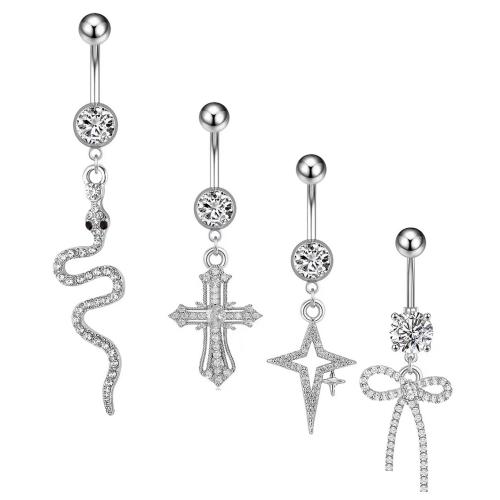 Ventre anello in acciaio inox, 304 acciaio inox, unisex & stili diversi per la scelta & Micro spianare cubic zirconia, argento, Venduto da PC