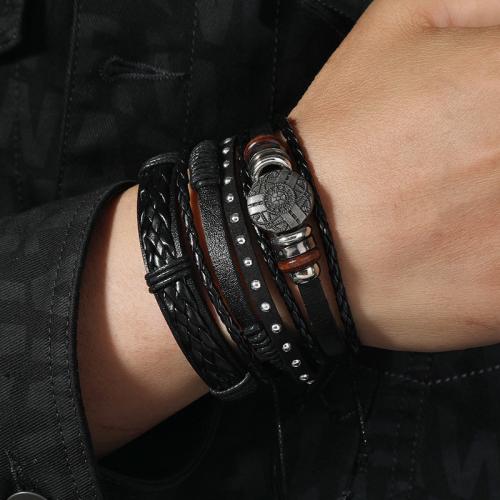 PU Leather Cord Bracelets, Tibetan Style, with PU Leather & Wax Cord & Wood, plated, multilayer & for man, Sold By Set