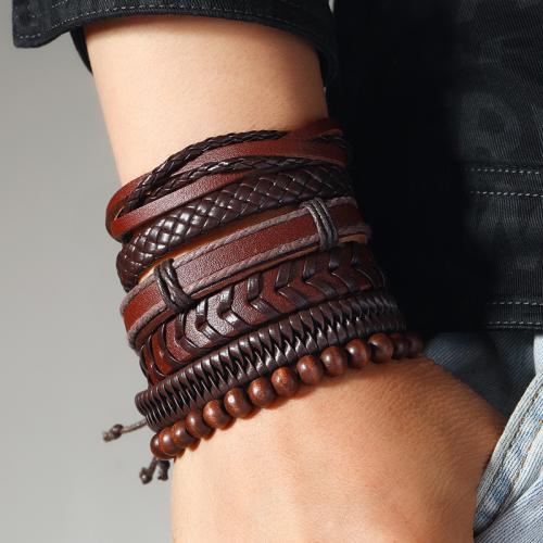 PU Leather Cord Bracelets, with Linen & Wood, Adjustable & multilayer & DIY & Unisex, brown, Sold By Set