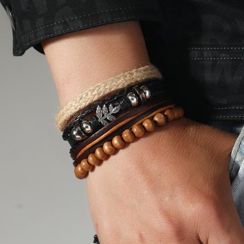 PU Leather Cord Bracelets, Tibetan Style, with PU Leather & Wax Cord & Wood, plated, multilayer & DIY & for man, mixed colors, nickel, lead & cadmium free, Sold By Set