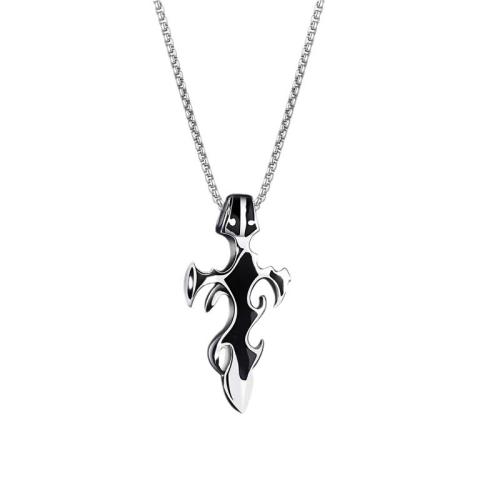 Titanium Steel Necklace with zinc alloy pendant Fire Cross vintage & for man & enamel silver color Length Approx 27.6 Inch Sold By PC