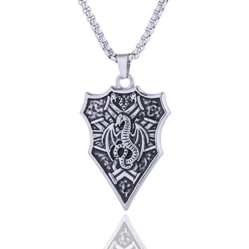 Titanium Steel Necklace, with Tibetan Style pendant, Shield, vintage & for man, silver color, Length:Approx 27.6 Inch, Sold By PC